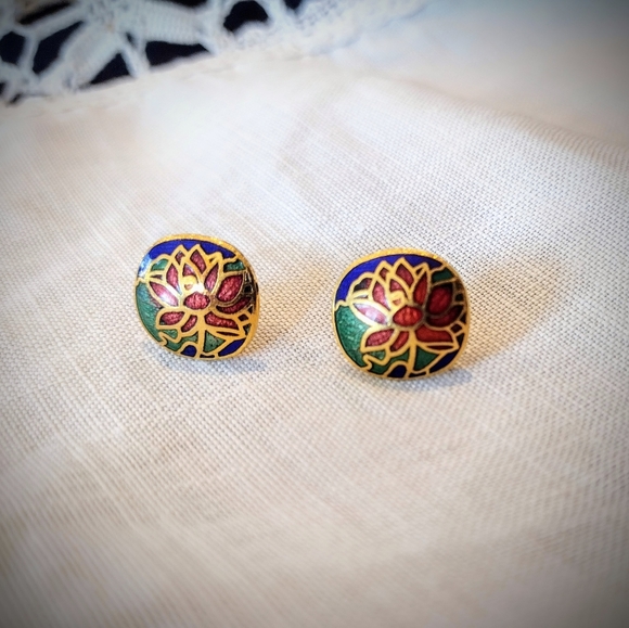 Jewelry - *True Vintage* Cloisonne Lotus Earrings, Posts, Perfect Condition! Circa 1980